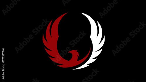 Stylized Phoenix Logo Graphic with Red and White Wings on Black Background, Mythical Firebird Symbol of Rebirth and Power