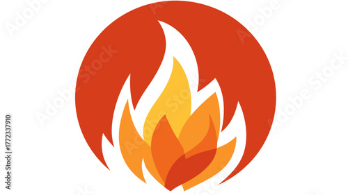 Abstract fire flame icon within a red circle, representing heat, energy, danger, and warning. A modern vector graphic symbol.