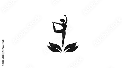 Elegant female silhouette in graceful balancing yoga pose atop organic leaves, symbolizing wellness, harmony, mindfulness, and healthy living icon.