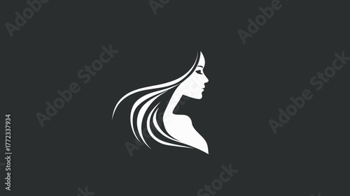Elegant woman profile silhouette with long flowing hair. Beauty, spa, fashion, and hair care vector illustration.
