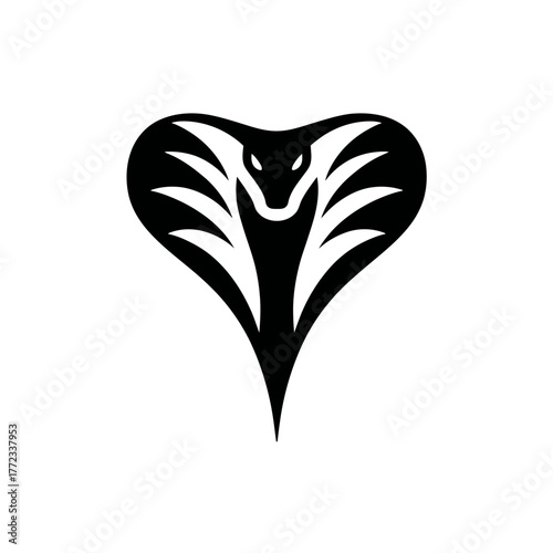Striking stylized black and white cobra snake head vector illustration with spread hood. Modern minimalist reptile icon for design projects.
