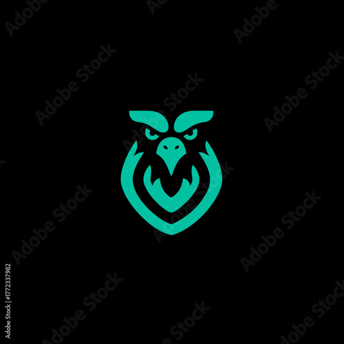 Modern minimalist teal eagle head icon, fierce bird of prey design on black, abstract graphic logo concept, powerful avian illustration