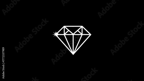 Minimalist white outline diamond graphic icon with sparkle on black background, symbolizing luxury, wealth, and elegant design element