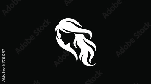 Minimalist elegant woman profile silhouette with long flowing hair, white on black, beauty and style concept illustration