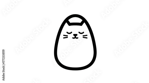 Cute Minimalist Sleeping Cat Illustration in Egg Shape, Simple Black and White Feline Character Design, Peaceful Pet Icon