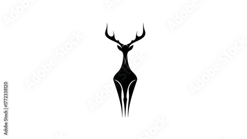 Elegant black deer silhouette with prominent antlers, minimalist and abstract design on a clean white background, wildlife art