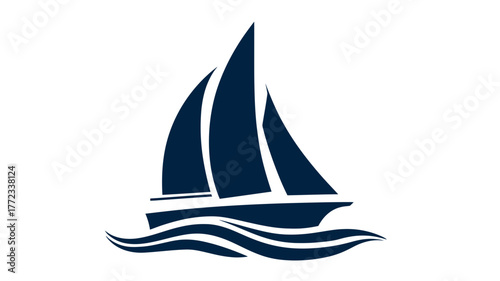 Stylized dark blue sailboat icon on waves, representing maritime travel, ocean adventure, and yachting. Vector graphic.
