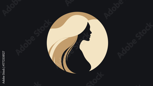 Elegant woman's profile silhouette with long luxurious golden hair in a minimalist circular design, representing beauty, grace, and femininity.