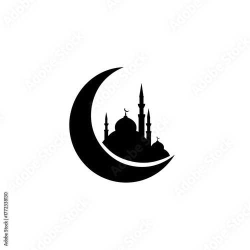 Crescent Moon and Mosque Silhouette Vector Icon Symbolizing Islam, Religion, Culture, and Spirituality on White Background