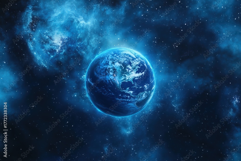 Fototapeta premium A stunning view of Earth surrounded by a cosmic backdrop, showcasing vibrant blues and starry depths of space.
