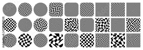 Groovy checkered pattern, colorful tiled grid. Vintage wavy curved backdrop, distortion effect. Funky geometric chessboard texture, retro background in 90s style, y2k. Vector illustration