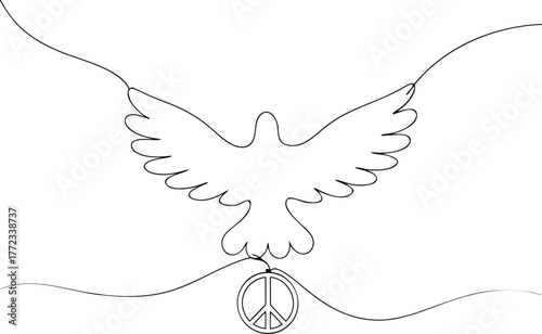 Single line drawing of a dove with peace symbol bird
