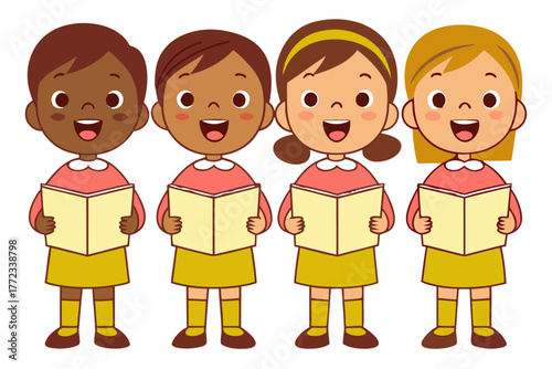 Vector illustration of four cheerful children in a choir, singing joyfully together, isolated on white background