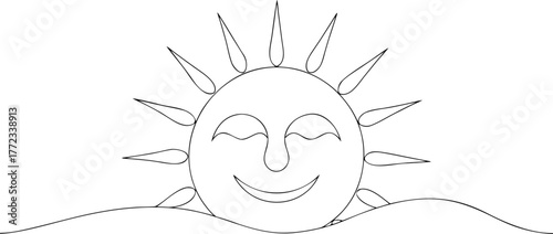 Smiling sun with closed eyes above rolling hills happy