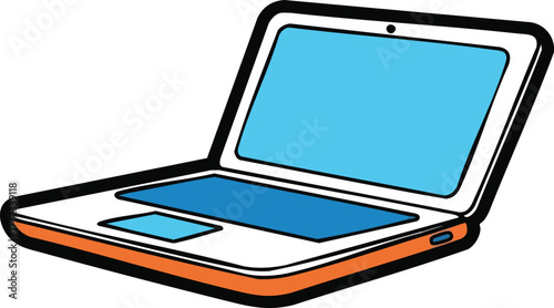 Open Orange Laptop with Blue Screen and Keyboard on White Background
