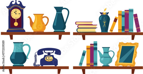 Pixel Art Collection Of Vintage Objects And Books On Wooden Shelves