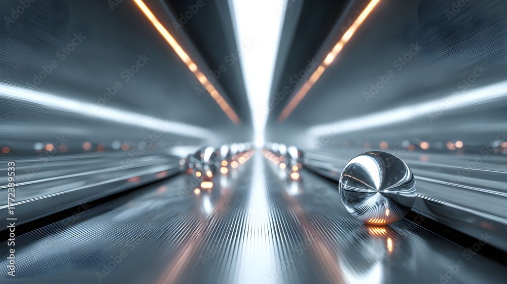 Fototapeta premium Highly polished metal spheres rest upon a textured, illuminated futuristic pathway