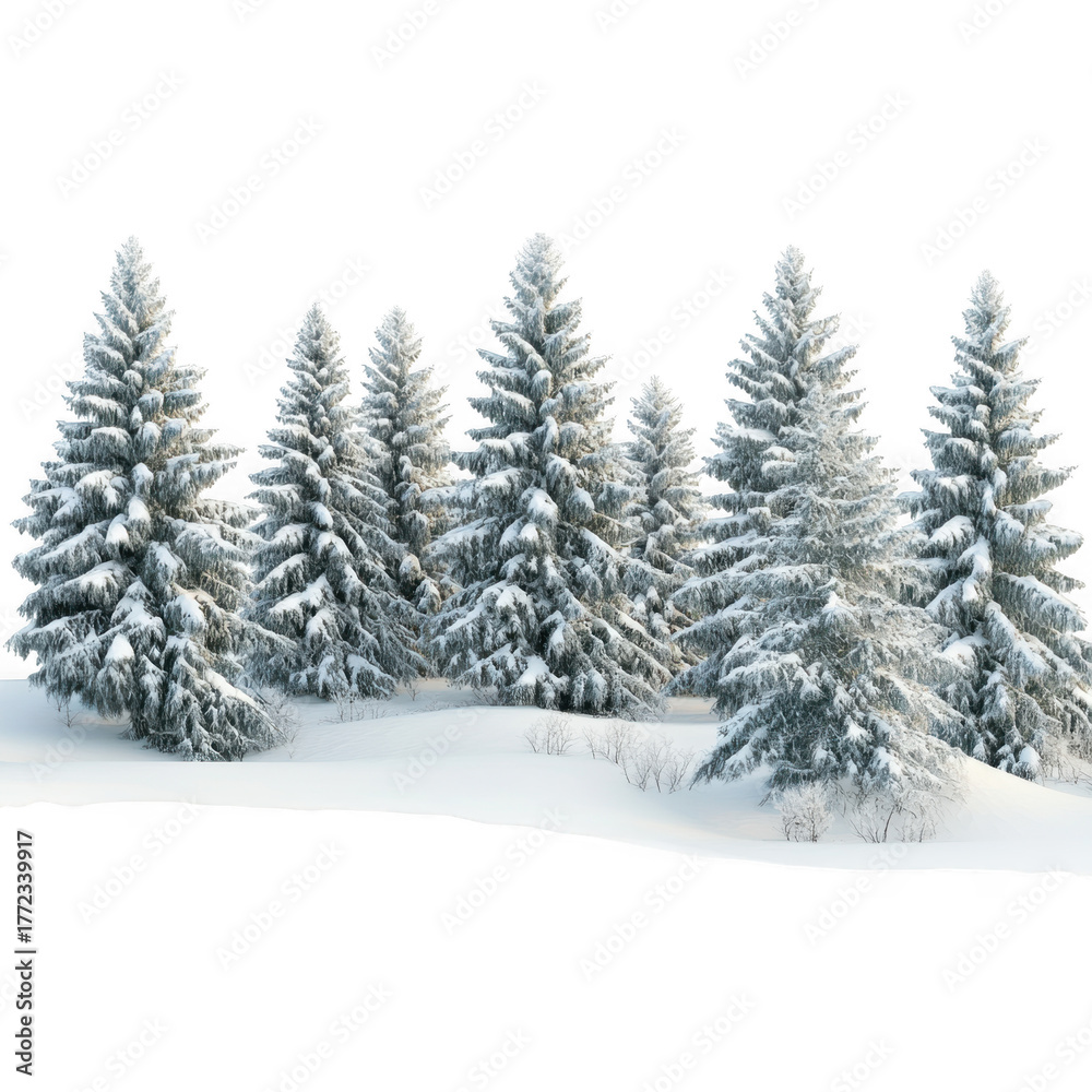 Fototapeta premium Snowy pine trees forest winter scene landscape evergreen conifers woods scenery isolated on transparent background