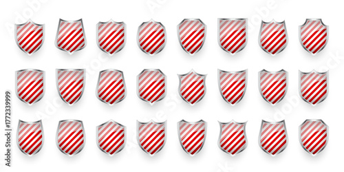 Glossy shields with red and black white. Security and protection concept. Cyber safety icons, internet privacy, web defense, digital data protection and antivirus themes. Vector illustration