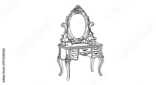Elegant Rococo Style Dressing Table with Ornate Mirror and Perfume Bottles, Embodying Vintage Glamour and Feminine Luxury