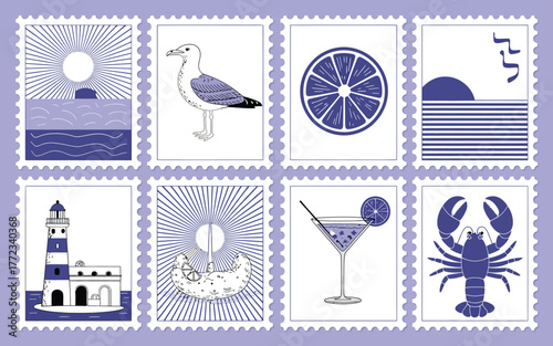 Eight postage stamps with sea life and summer themes