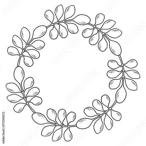 Wreath of branches and leaves. Vector botanical illustration. Autumn round frame of plants with space for text. Hand drawn black graphic art. Natural design for Thanksgiving, packaging and logos