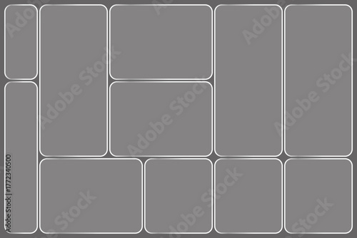 Gray tone rounded rectangular grid arrangement provides multiple areas framed with white lines on a gray background