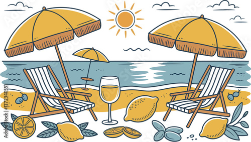 Beach scene with deck chairs umbrellas and lemons summer