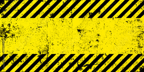 Warning sign with yellow and black diagonal lines. Attention, danger or caution symbol. Construction site signage, road safety notice, hazard banner, security alert shield. Vector illustration