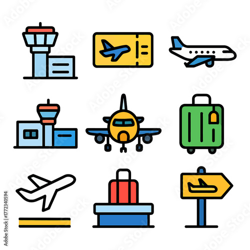 Airport travel icons: airplane, ticket, luggage, control tower, boarding, departure.