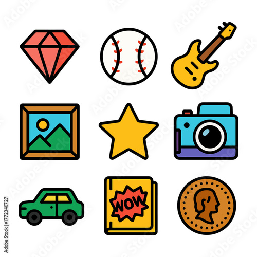 Colorful icons collection: diamond, baseball, guitar, painting, star, camera, car, comic book, coin.