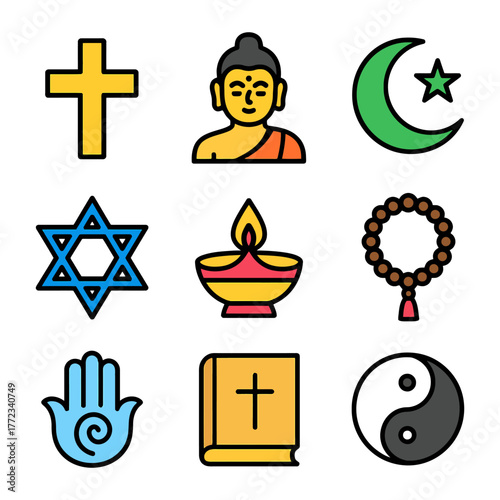 Religious symbols collection: cross, buddha, crescent, star, diya, rosary, hamsa, bible, yin yang.