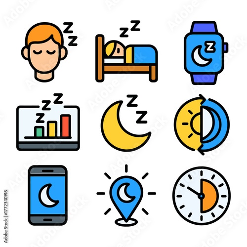 Sleep and night icons set including moon, bed, clock, and dream symbols.