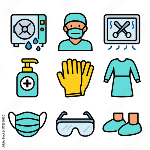 Medical equipment icons: sterilization, ppe, surgical tools, safety gear.