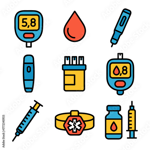 Diabetes management icons: glucometer, insulin syringe, blood drop, medical bracelet, test strips.