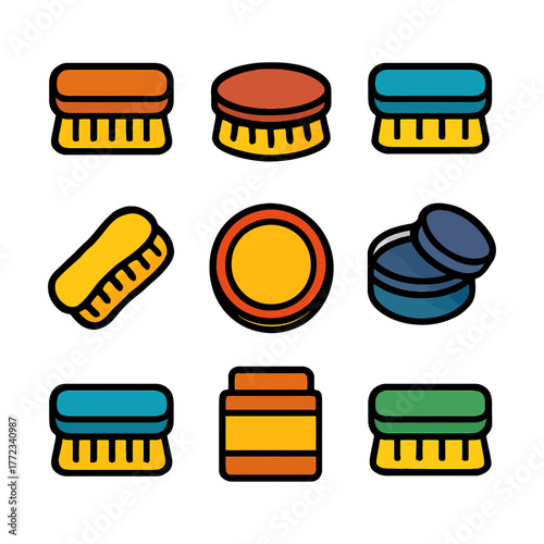 Colorful shoe care tools set: brushes, polish, and containers in modern illustration.