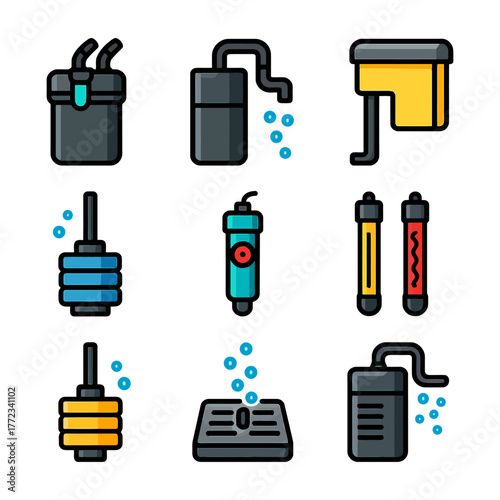 Aquarium equipment set: filters, heaters, and accessories icons.