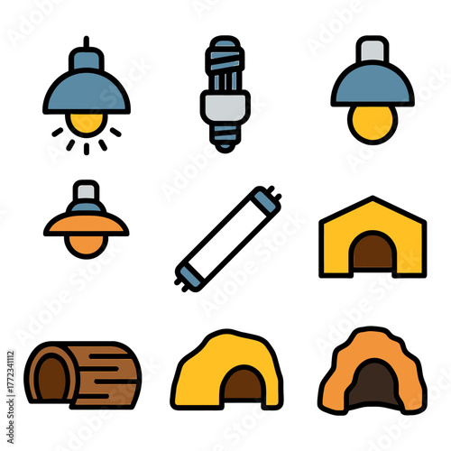 Set of lighting fixtures and pet houses in modern icons.