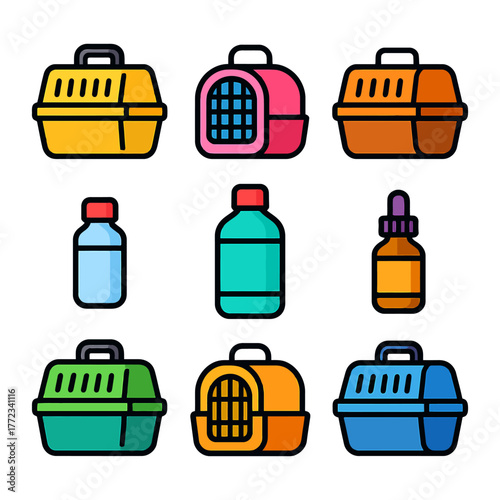 Colorful pet carriers and bottles set on white background.