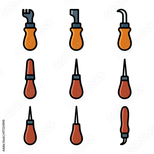 Assorted hand tools with wooden handles set on white background.