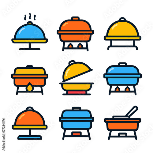Colorful assortment of catering chafing dishes and food warmers in icon style.