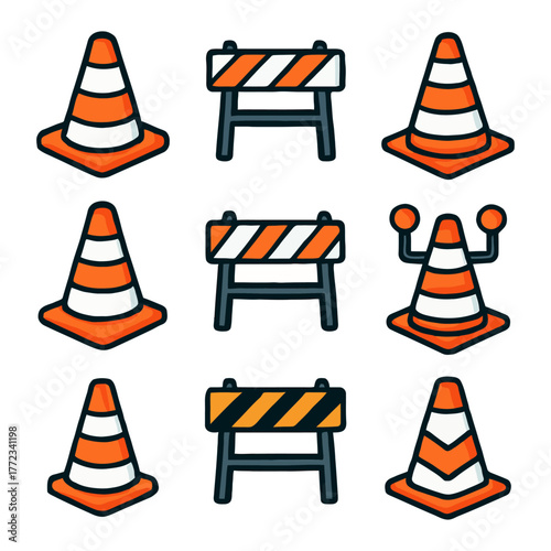 Collection of traffic cones and barricades.