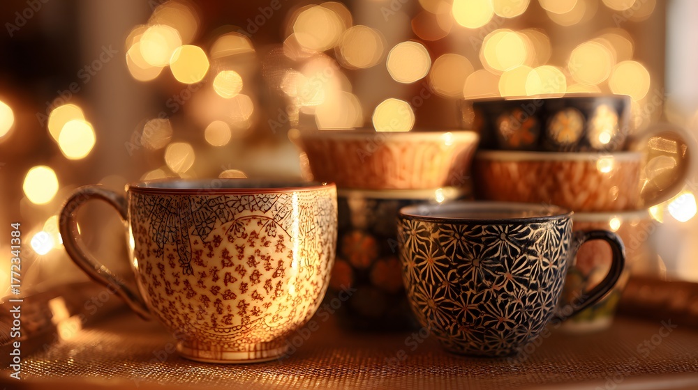Fototapeta premium Decorative ceramic mugs are illuminated by warm, glowing bokeh lights creating a cozy atmosphere