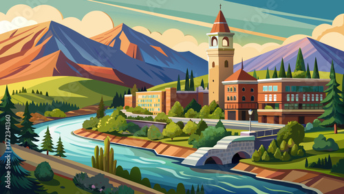 Very beautiful view from the Riverfront Trail along the Clark Fork River in Missoula, Montana, featuring the University District and the Boone and Crockett Club Natural History Museum tower surrounded