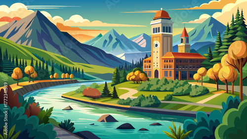 Very beautiful view from the Riverfront Trail along the Clark Fork River in Missoula, Montana, featuring the University District and the Boone and Crockett Club Natural History Museum tower surrounded