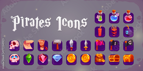 Pirate icons with treasure chest, skull, gold coin