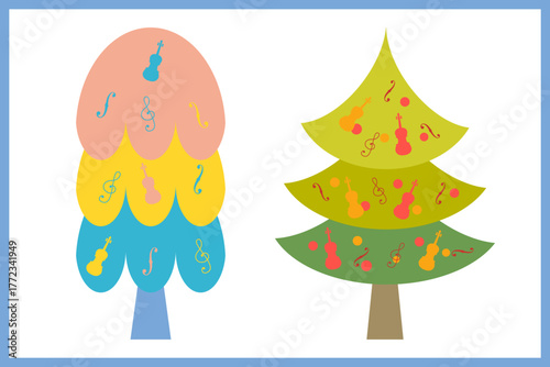 Colorful pastel pine tree and violin,viola, cello,music clip art.Beautiful flat design background isolated.illustration for print Design for happy holiday decorate,festival,new year, Christmas,party.