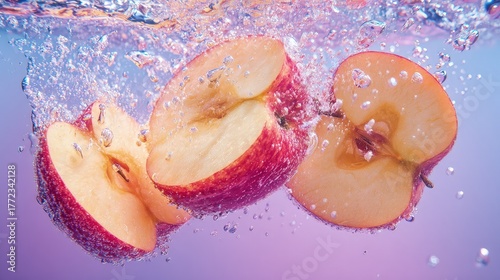 Fresh apple slices splashing water with bubbles cinematic freeze frame bright natural tones refreshing vitality composition