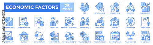 Economic factors icon collection set. Containing GDP, inflation rate, tax, investment, regulation, import tariff, financial forecast, fiscal policy icon. Simple blue vector illustration.