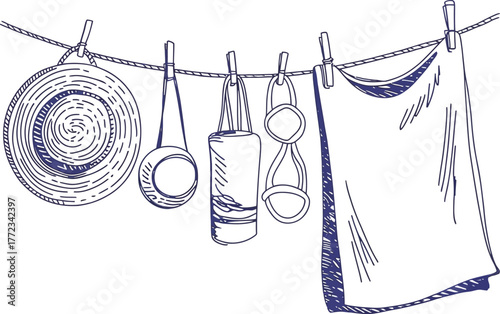 Hand drawn laundry line with clothes and straw hat